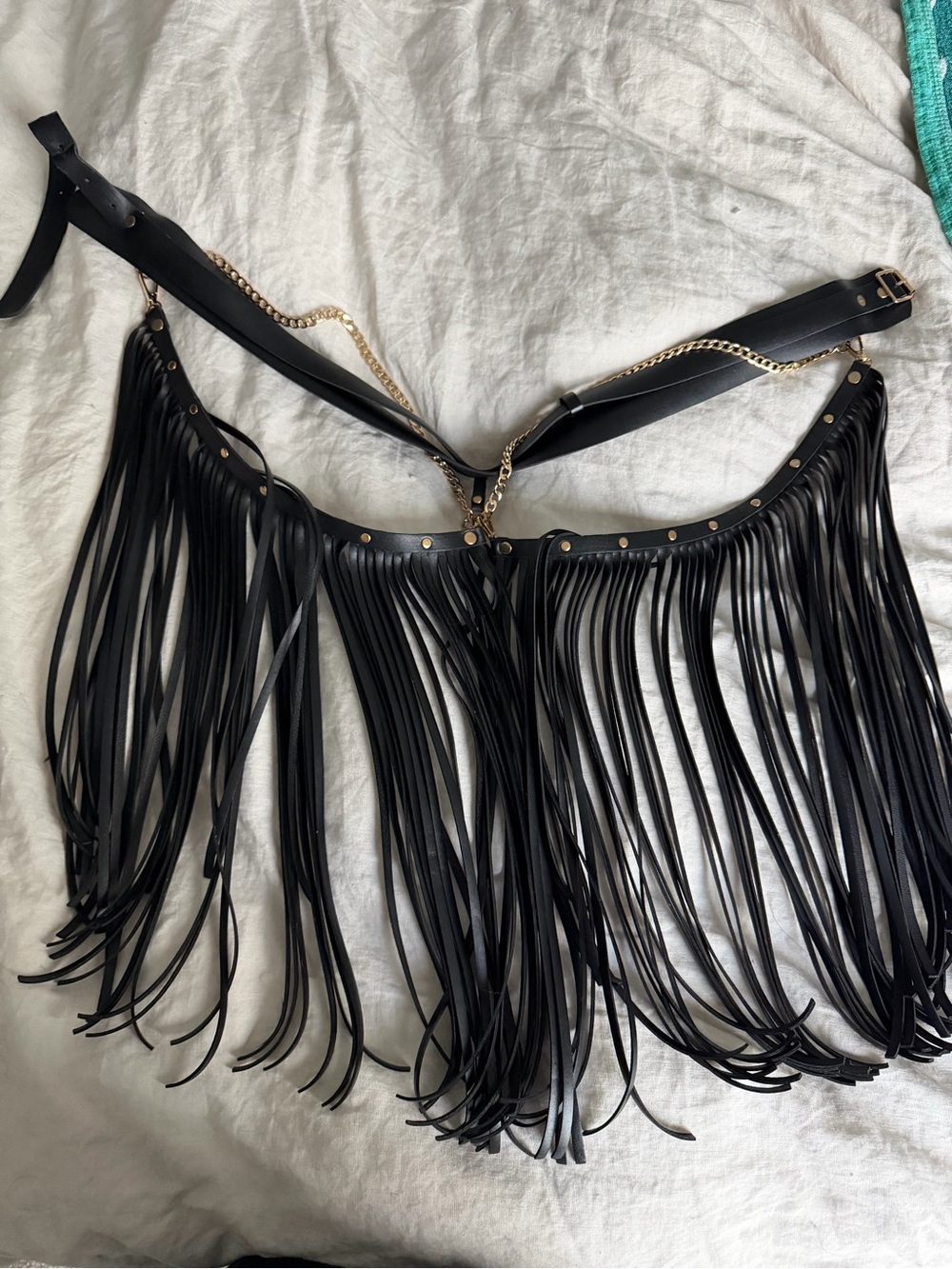 Hand Crafted Black Fringe Leather Belt with Gold Chain Accents